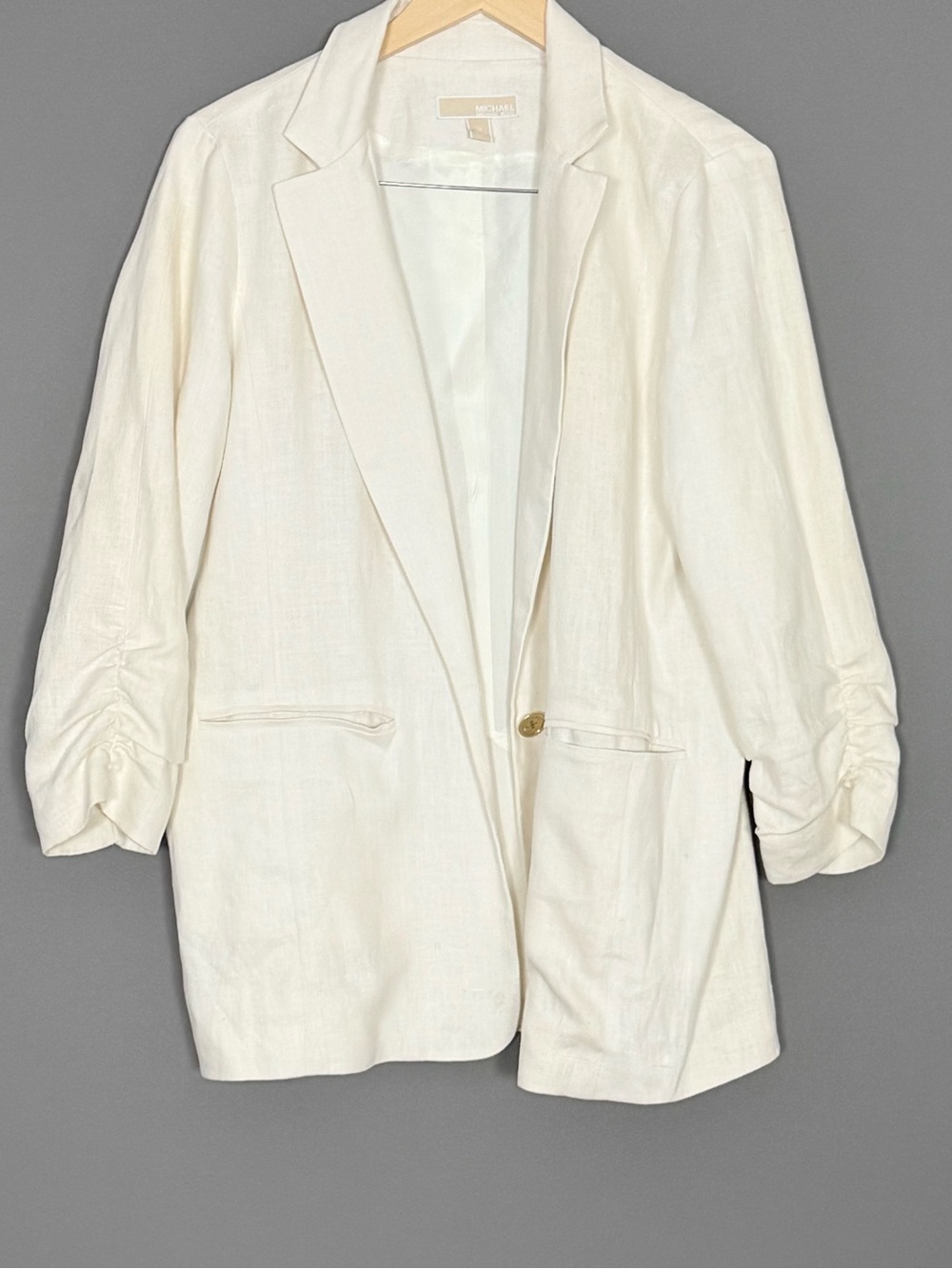 Michael Michael Kors 100% Linen Blazer White Ruched Sleeve Womens 12